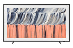 Front view of Samsung 65-inch The Frame LS03HE 4K Smart TV on stand feet, displaying blue, white and coral abstract artwork