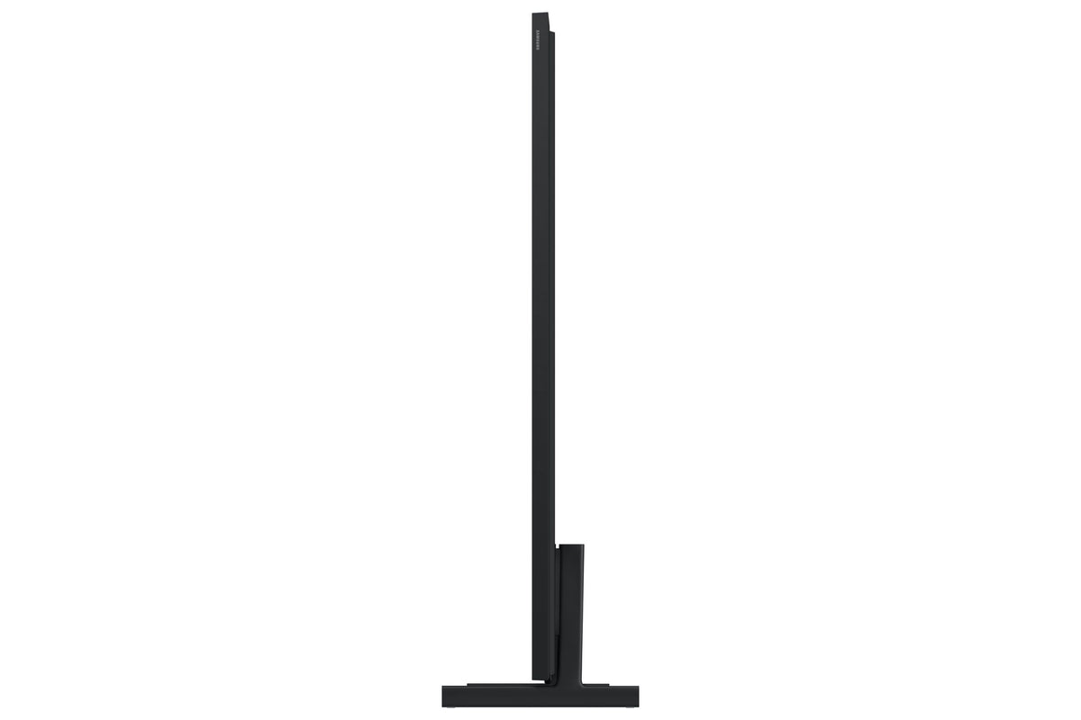 Side profile of Samsung 85-inch The Frame LS03HE Smart TV showing its ultra-slim black frame and supporting stand