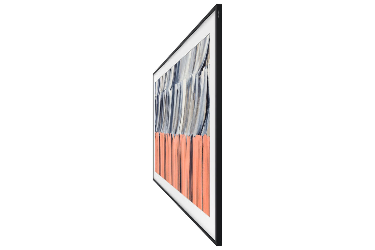 Angled side view of Samsung 85-inch The Frame LS03HE Smart TV highlighting its slim picture-frame profile and Art Mode display
