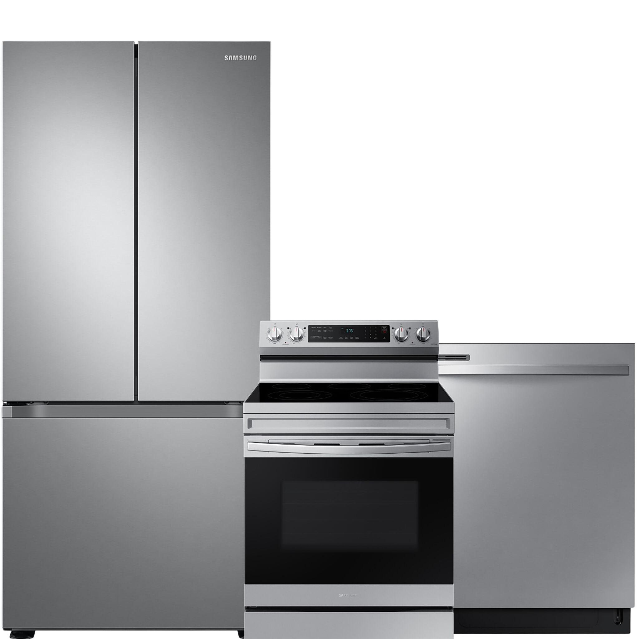 Samsung Fingerprint Resistant Stainless Kitchen Package with French Door Refrigerator, Electric Range & Built-In Dishwasher