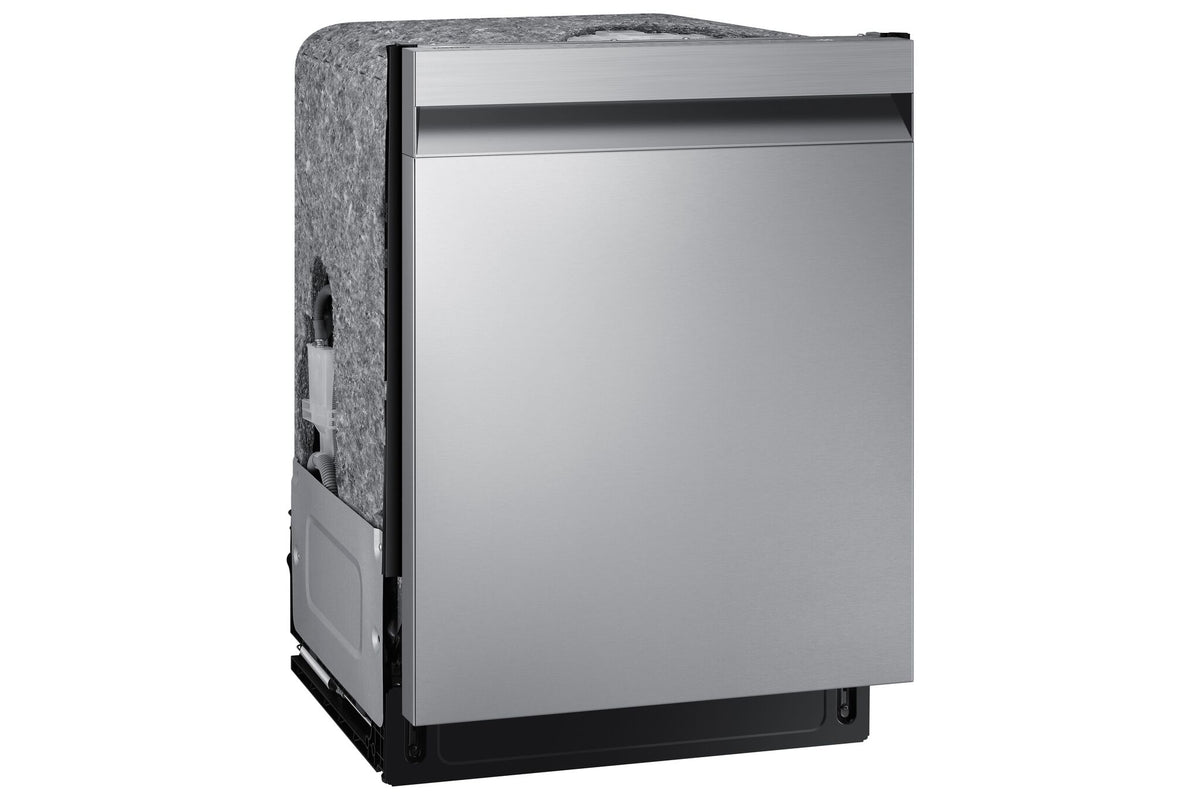 Samsung stainless steel Smart Dishwasher with StormWash shown from a three-quarter front angle