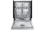 Samsung Smart Dishwasher with StormWash shown open with upper and lower racks, utensil basket and controls