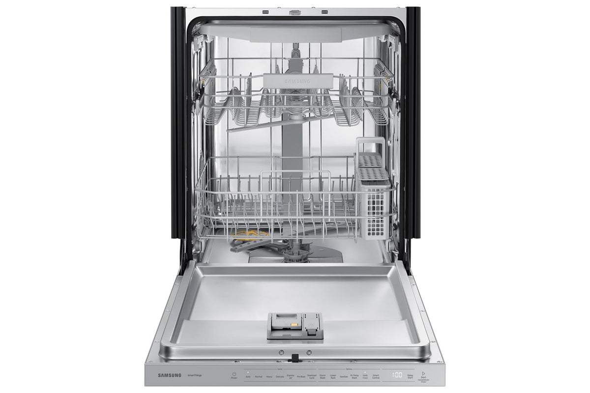 Samsung Smart Dishwasher with StormWash shown open with upper and lower racks, utensil basket and controls