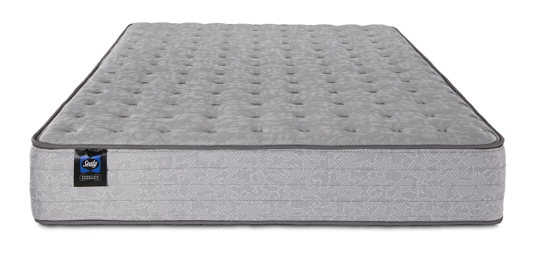 Sealy Burchelle Extra Firm Tight Top Twin mattress with tufted grey surface and Sealy branding, front view