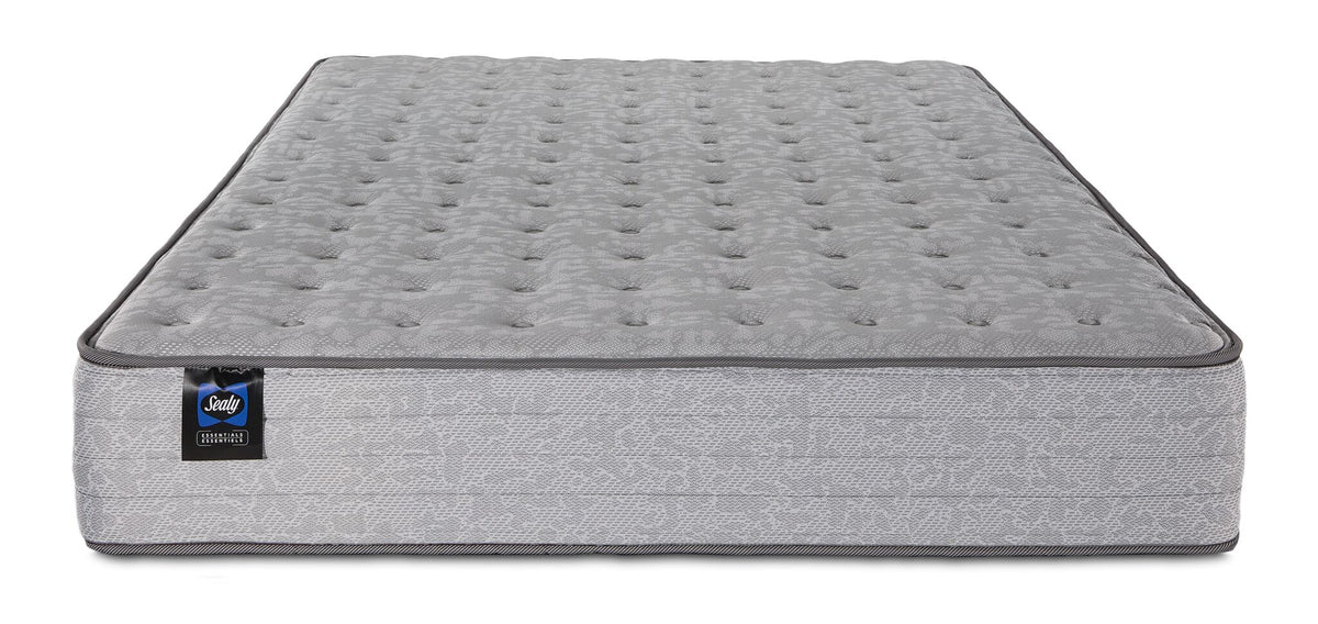 Sealy Burchelle Extra Firm Tight Top Queen mattress with tufted grey surface and Sealy branding, front view