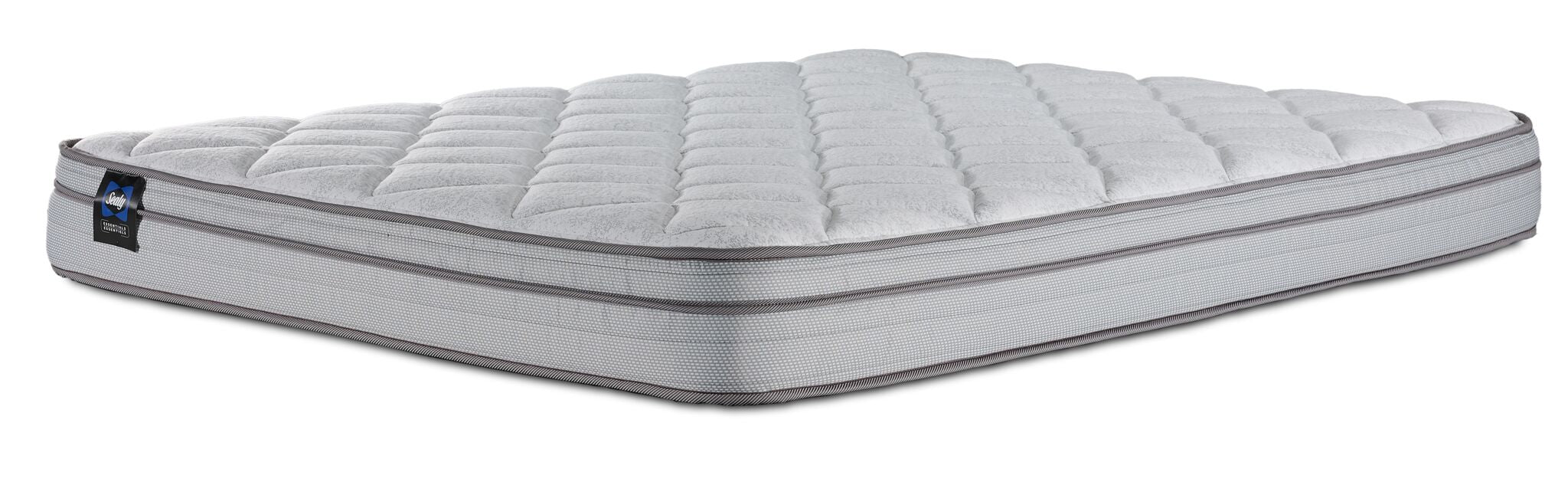 Sealy Essentials Kairo Medium Euro Top Twin mattress with quilted white top and grey piped sides