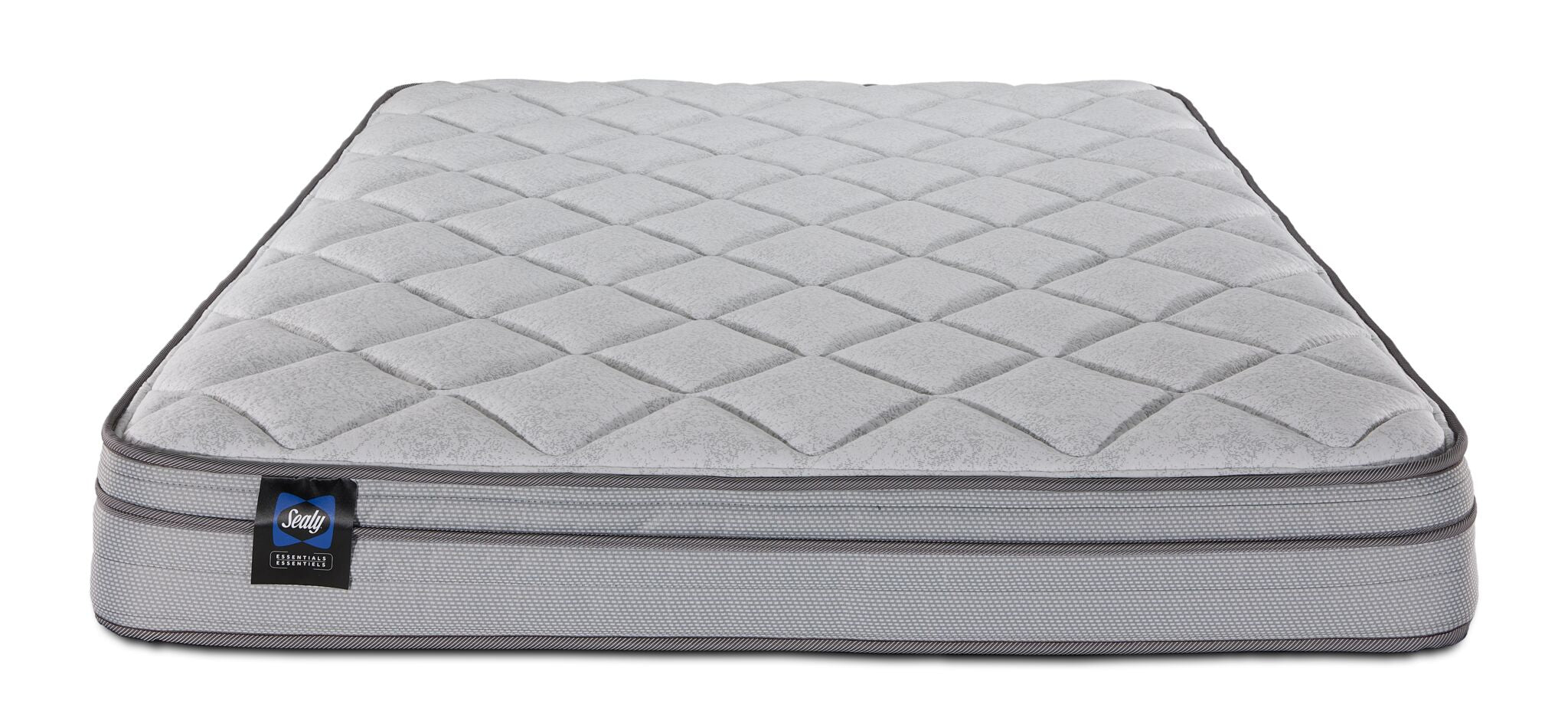 Front view of Sealy Essentials Kairo Medium Euro Top Twin mattress with quilted top and Sealy label