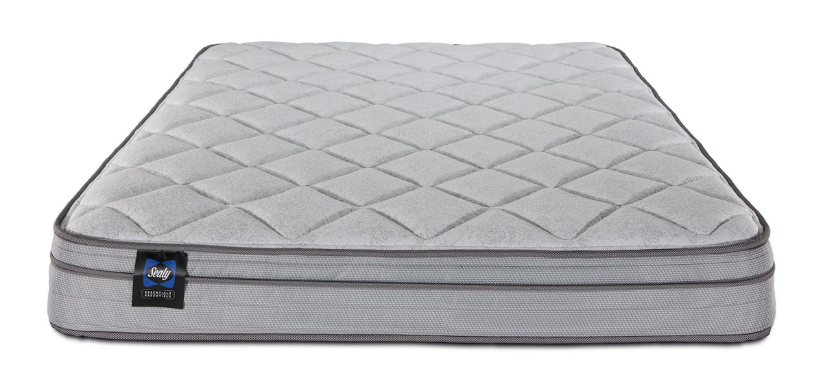 Front view of Sealy Essentials Kairo Medium Euro Top King mattress with quilted top and Sealy label