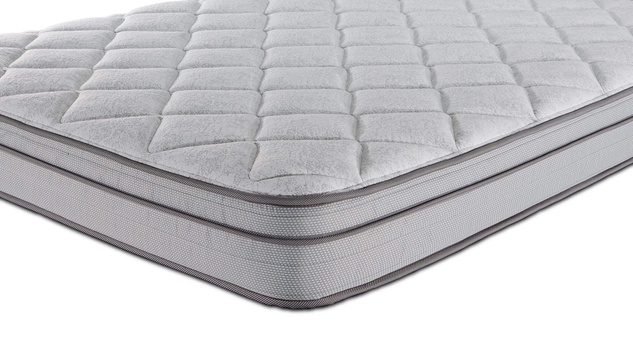 Close-up of Sealy Essentials Kairo Medium Euro Top King mattress showing quilted top and grey piping