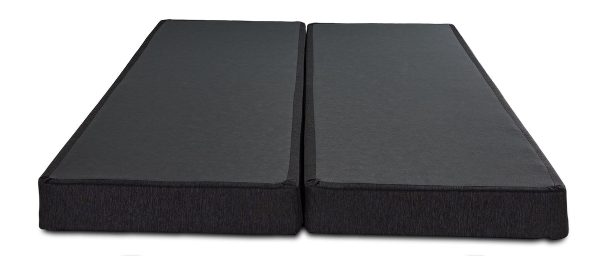 Front view of the two low-profile boxsprings positioned side by side with black support surfaces