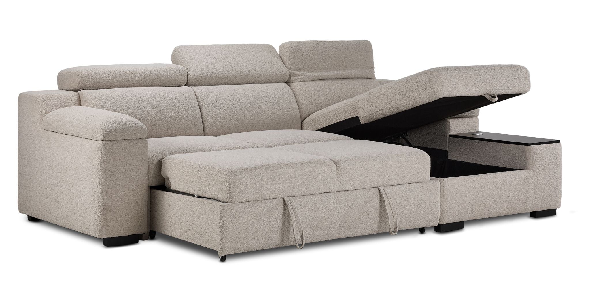 Slayden left-facing taupe polyester sectional with pop-up bed extended and chaise storage compartment open