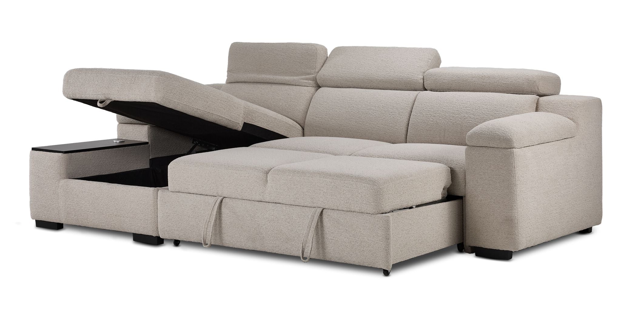 Slayden right-facing taupe polyester sectional with pop-up bed extended and chaise storage compartment open