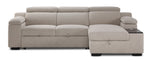 Front view of Slayden left-facing taupe polyester sectional with chaise and built-in side table