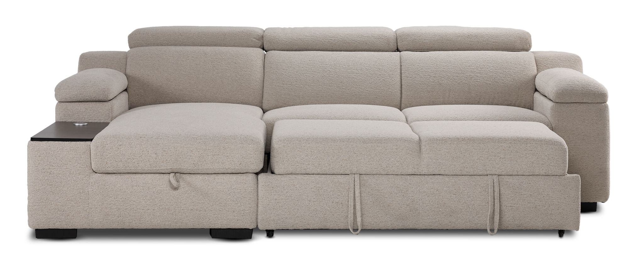 Front view of Slayden right-facing taupe sectional with pull-out pop-up bed extended beside the chaise