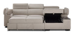 Slayden left-facing taupe polyester sectional with pop-up bed extended and lift-up chaise storage open