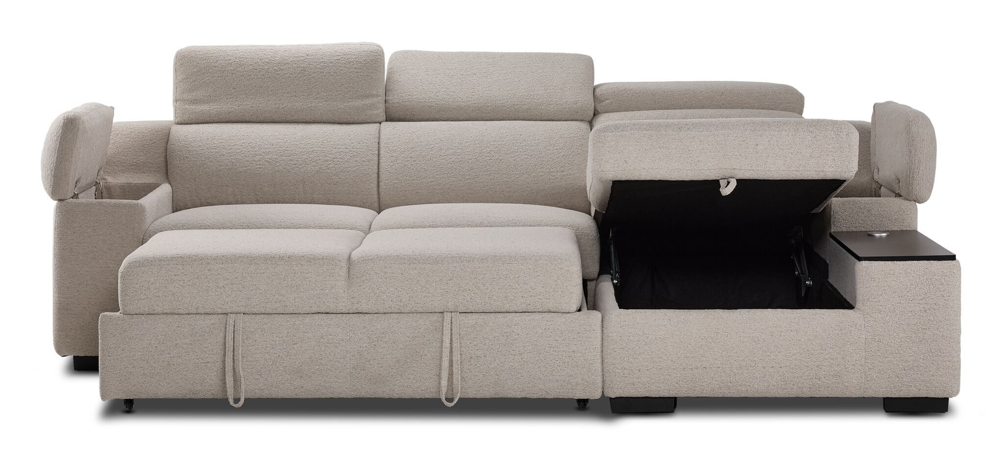 Slayden left-facing taupe polyester sectional with pop-up bed extended and lift-up chaise storage open