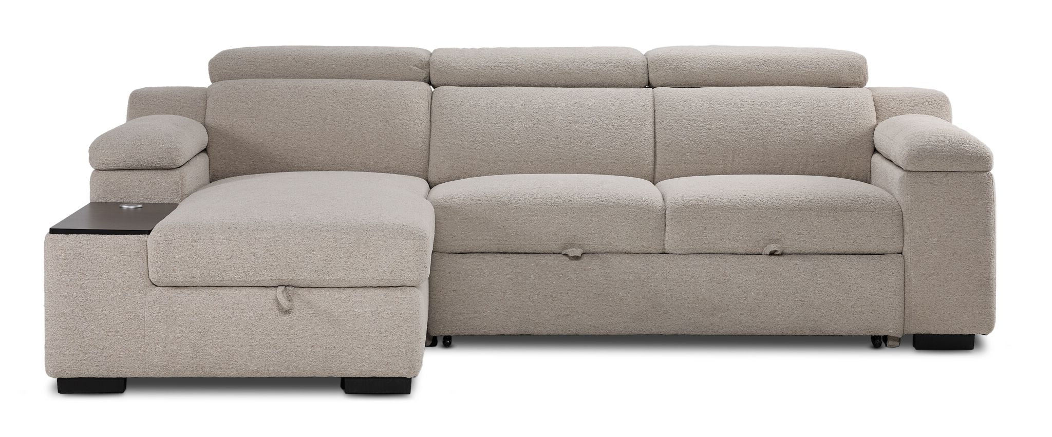 Front view of Slayden right-facing taupe polyester sectional with chaise and built-in side table