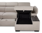 Close-up of Slayden left-facing taupe sectional showing open chaise storage and built-in side table