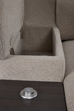Close-up of Slayden right-facing taupe sectional showing open arm storage, side table and USB control panel