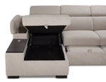 Close-up of Slayden right-facing taupe sectional showing open chaise storage and built-in side table