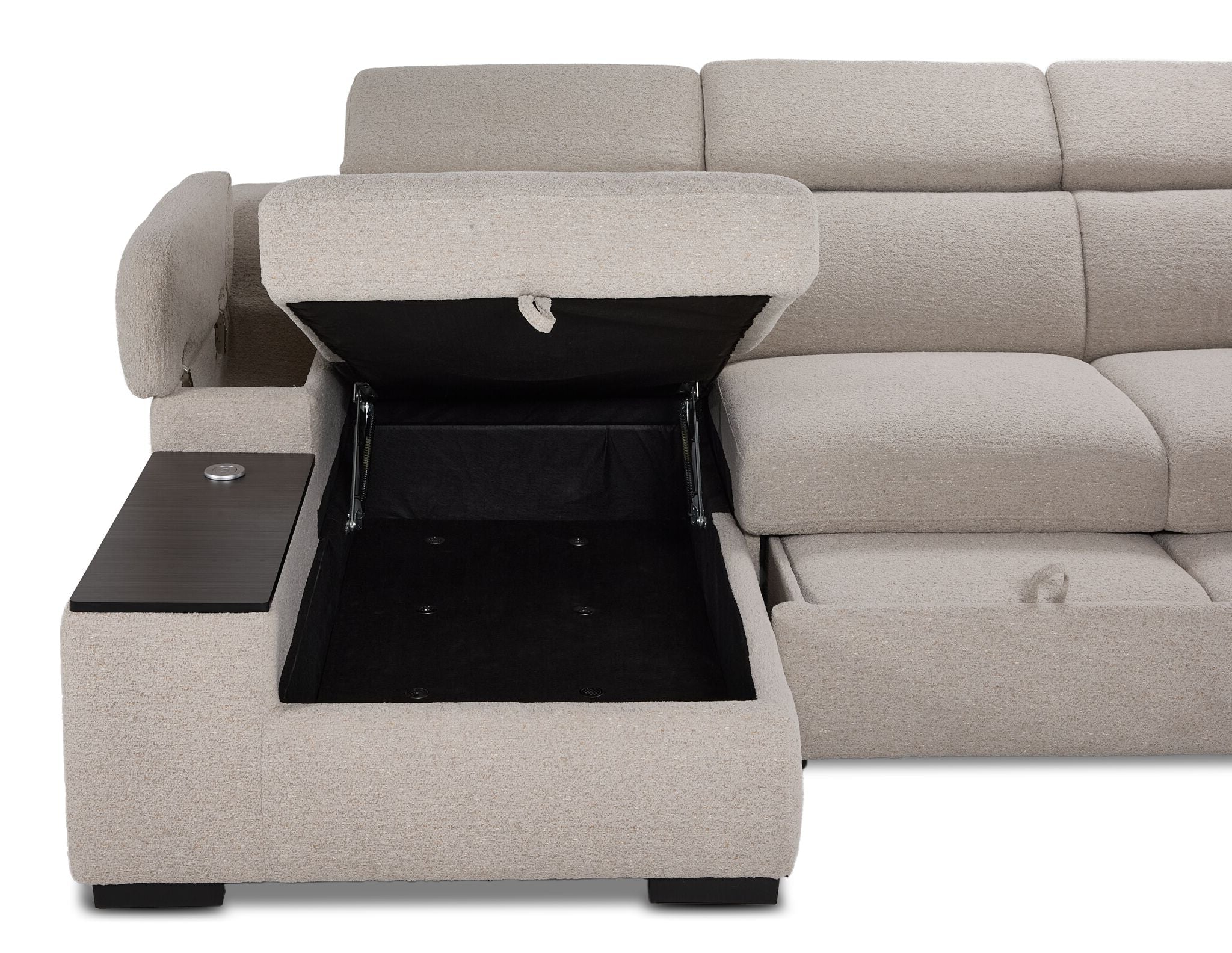 Close-up of Slayden right-facing taupe sectional showing open chaise storage and built-in side table