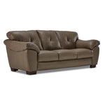 Sloan II chocolate leather sofa with wide cushioned arms, three back cushions and angled front view