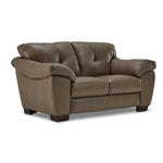 Sloan II chocolate leather loveseat with wide cushioned arms, two back cushions and angled front view