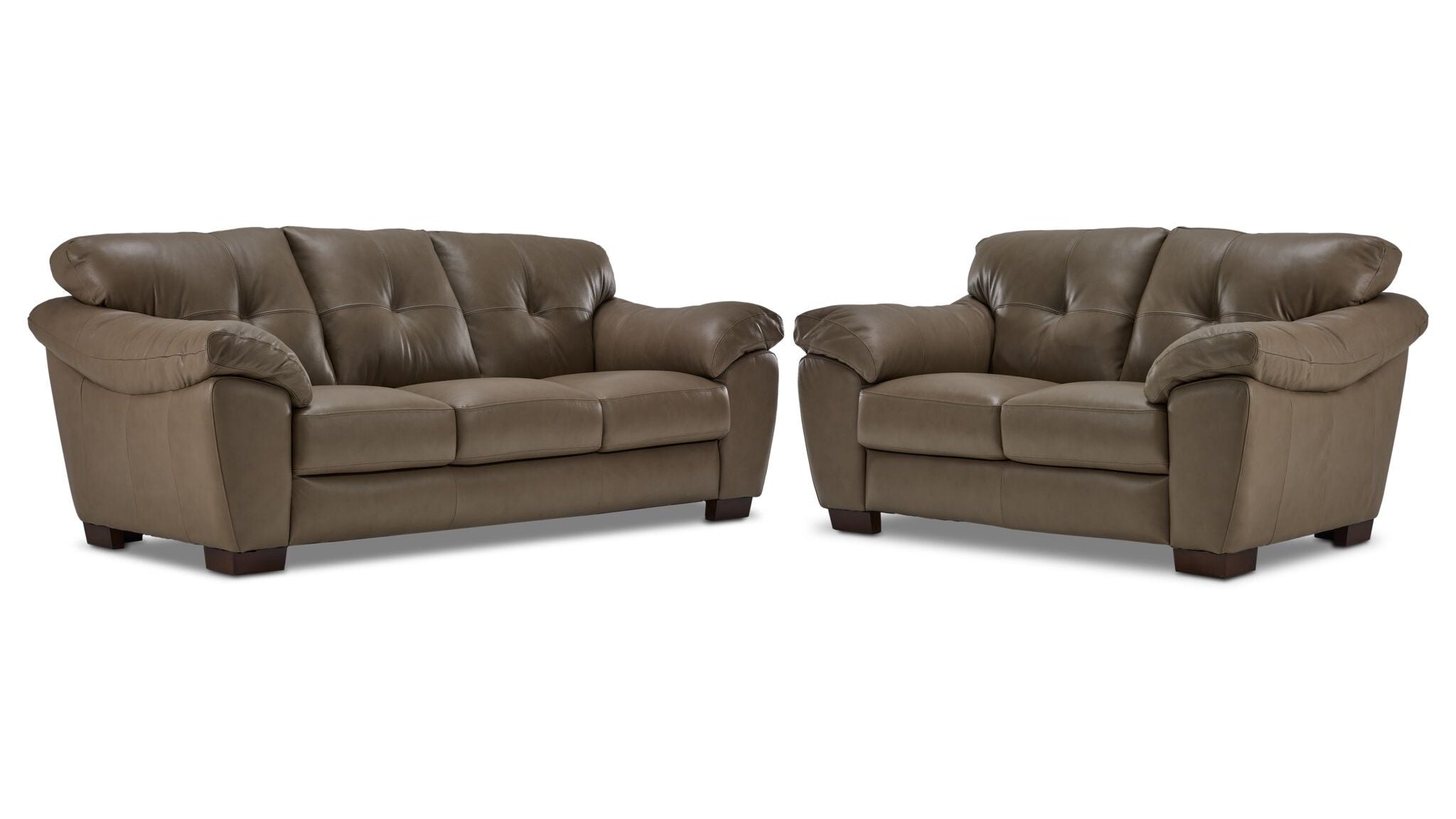 Sloan II chocolate leather sofa and loveseat set with wide cushioned arms and contemporary style