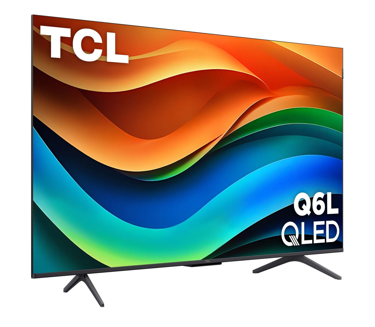Angled view of TCL 50-inch QLED 4K Smart TV mounted on stand legs