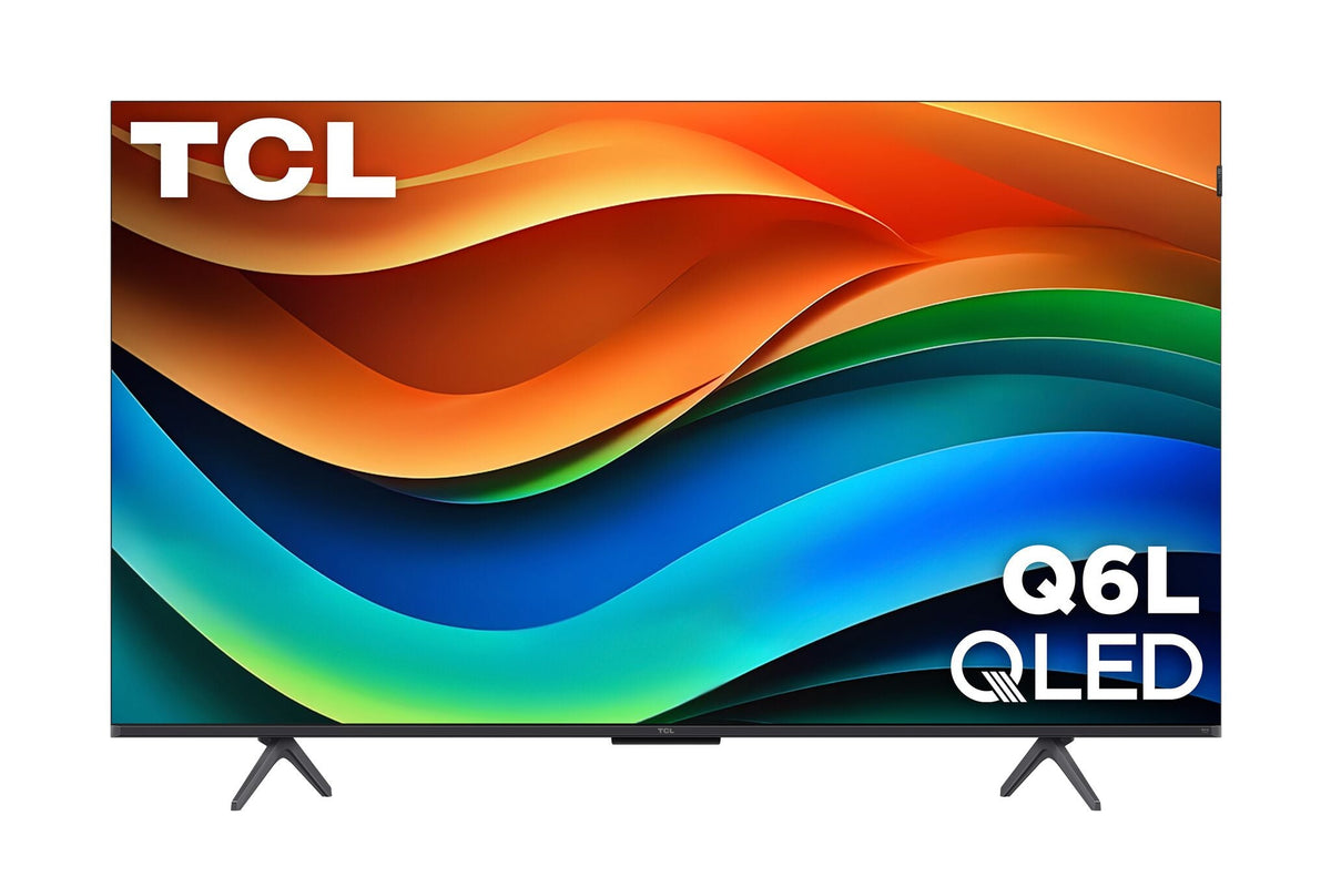 Front view of TCL 50-inch QLED 4K Smart TV displaying colourful abstract graphics