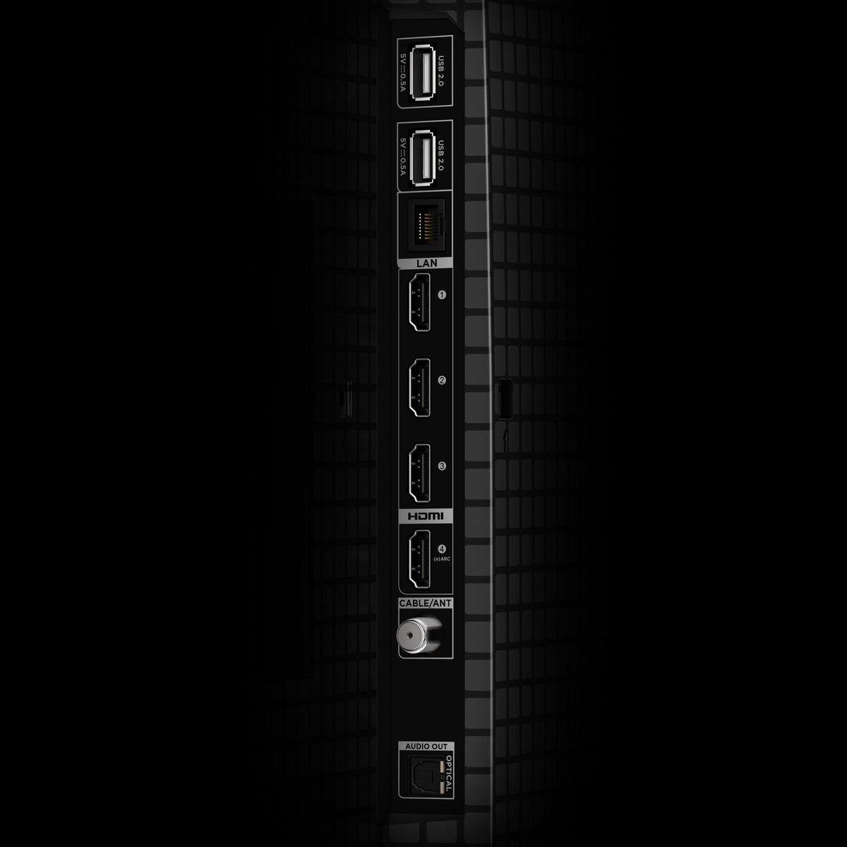 Close-up of rear connection panel showing HDMI, USB, LAN, and optical ports
