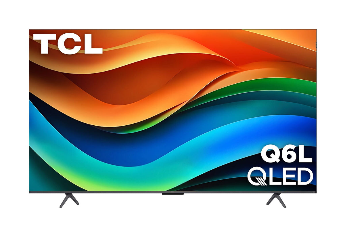 TCL 55-inch QLED 4K Smart TV front view showing colourful graphic display
