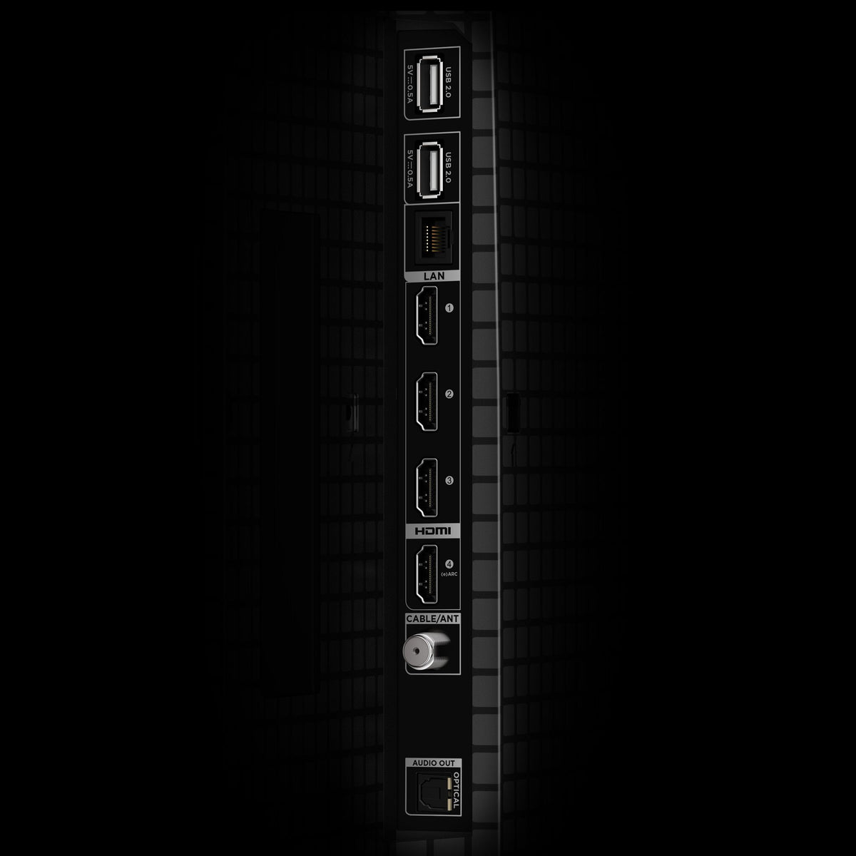 Close-up of input ports including HDMI, USB, LAN, and optical audio