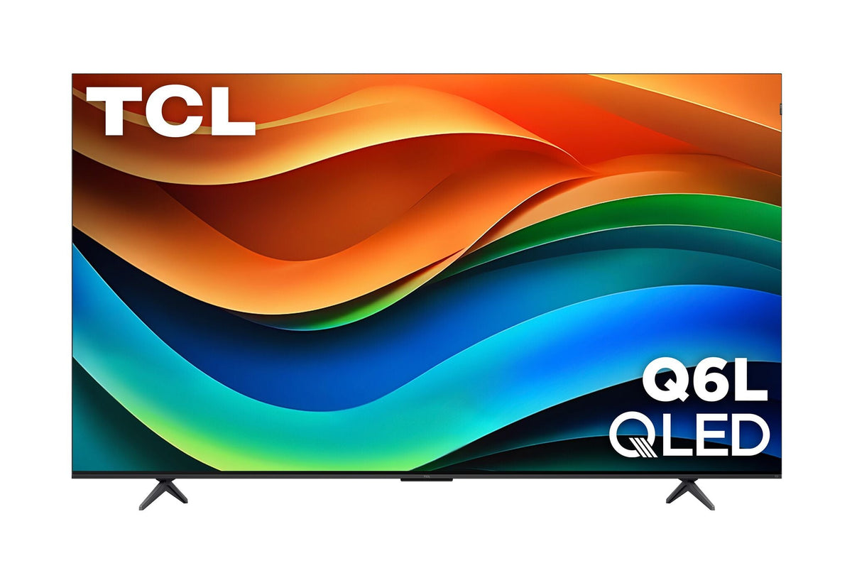 Front view of TCL 85-inch QLED 4K Smart TV displaying colourful abstract graphics