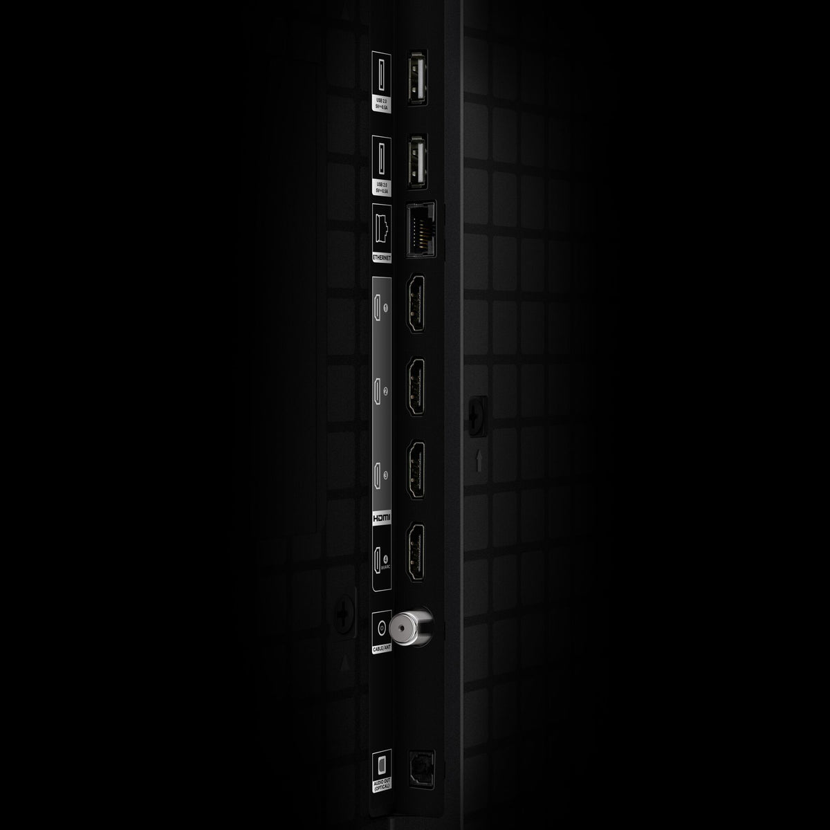 Close-up of rear connection panel showing HDMI, USB, LAN, and optical ports