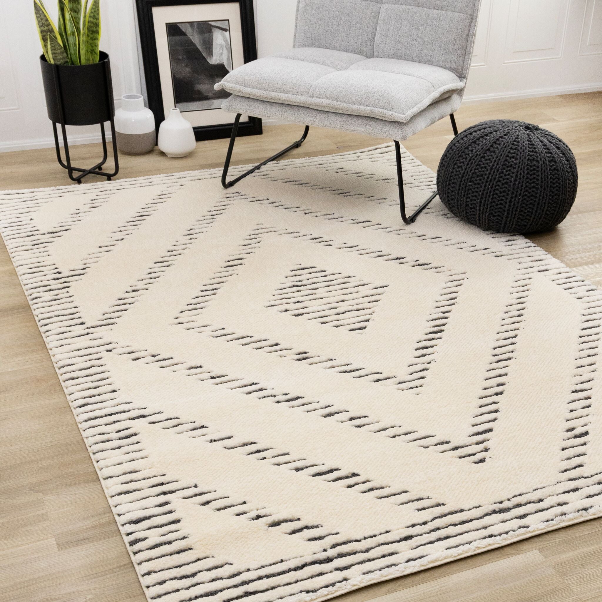 Talia 6'7" x 9'6" Striped Diamond Design Area Rug - Cream, Black