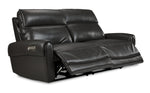 Theo Leather Dual Power Reclining Sofa - Charcoal shown at an angle with both power reclining footrests extended