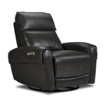Theo Leather Dual Power Rocker Recliner - Charcoal shown at an angle with plush back cushioning, padded arms and circular rocker base