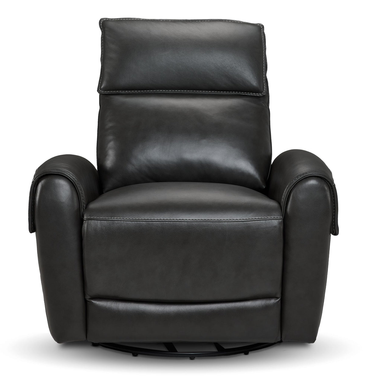 Theo Leather Dual Power Rocker Recliner - Charcoal front view with cushioned headrest, padded arms and smooth leather upholstery