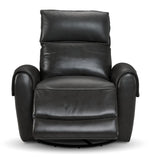 Theo Leather Dual Power Rocker Recliner - Charcoal front view with reclining footrest extended and cushioned backrest