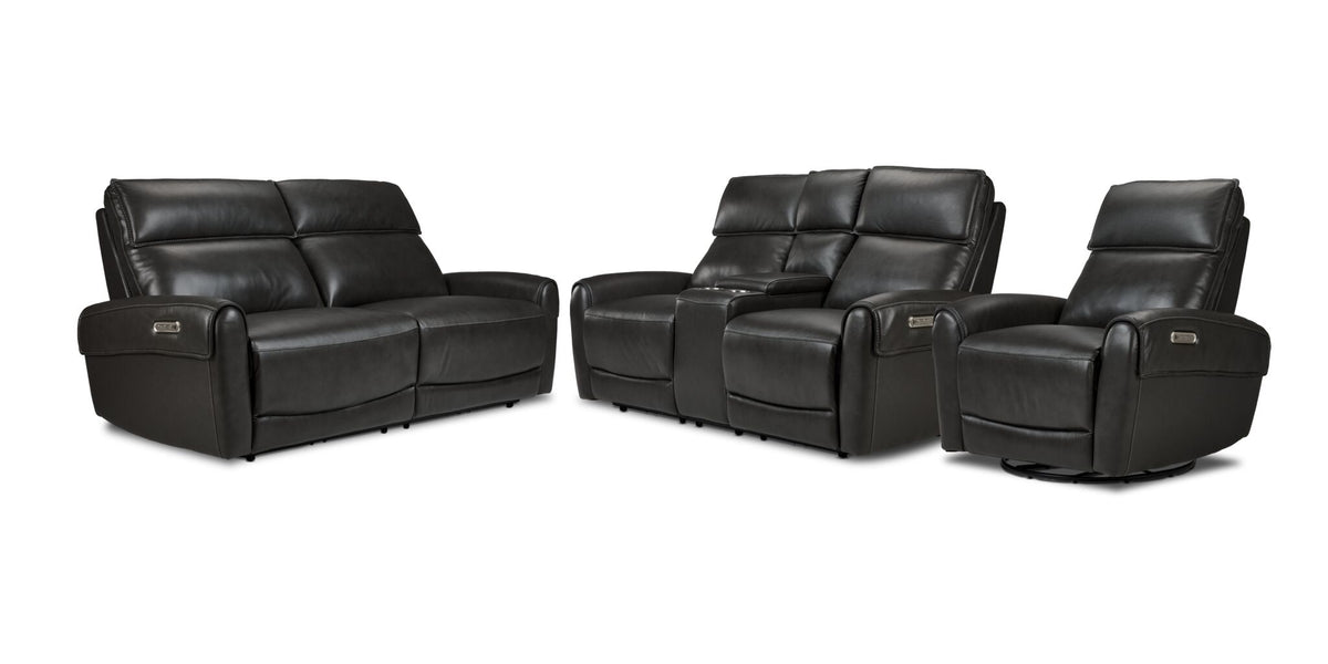 Theo Leather Dual Power Reclining Sofa, Loveseat and Rocker Recliner Set - Charcoal with padded headrests, curved arms and centre console