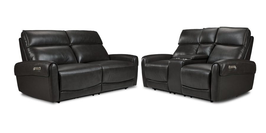 Theo Leather Dual Power Reclining Sofa and Loveseat Set - Charcoal with padded headrests, curved arms and centre console on the loveseat