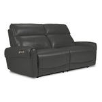 Theo Leather Dual Power Reclining Sofa - Granite shown at an angle with plush back cushions, padded armrests and contrast stitching
