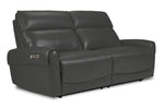 Theo Leather Dual Power Reclining Sofa from the 3-piece set - Granite shown at an angle with plush back cushions and padded arms