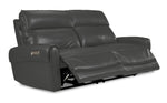 Theo Leather Dual Power Reclining Sofa - Granite shown at an angle with both power reclining footrests extended
