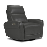 Theo Leather Dual Power Rocker Recliner - Granite shown at an angle with plush back cushioning, padded arms and circular rocker base
