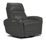 Theo Leather Dual Power Rocker Recliner - Granite shown at an angle with plush back cushioning, padded arms and circular rocker base