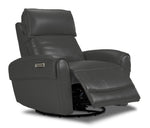 Theo Leather Dual Power Rocker Recliner - Granite shown at an angle with reclining footrest extended and rocker base visible