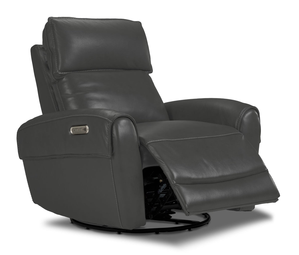 Theo Leather Dual Power Rocker Recliner - Granite shown at an angle with reclining footrest extended and rocker base visible