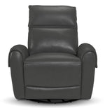 Theo Leather Dual Power Rocker Recliner - Granite front view with cushioned headrest, padded arms and smooth leather upholstery